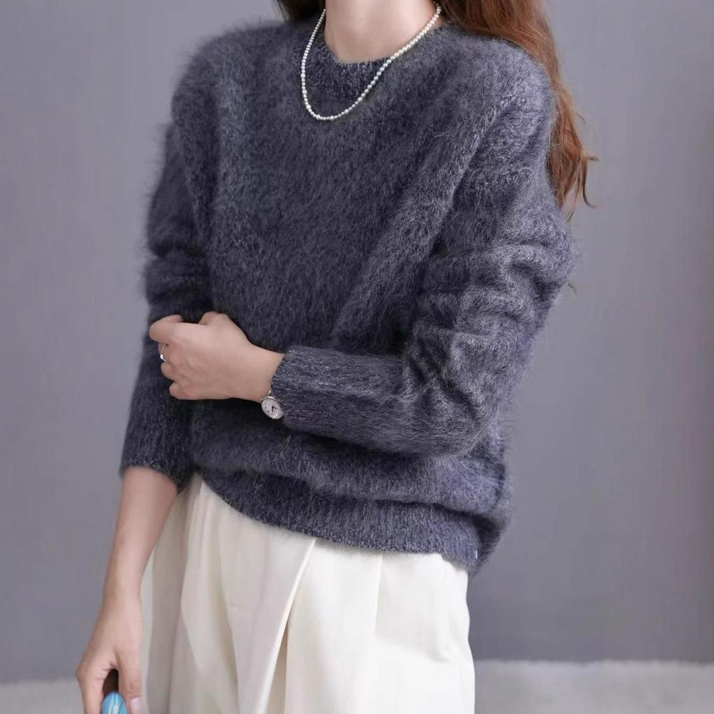 2025 Autumn/Winter Women's Thickened Wool Cashmere Round Neck Knit Sweater with Brushed Fleece