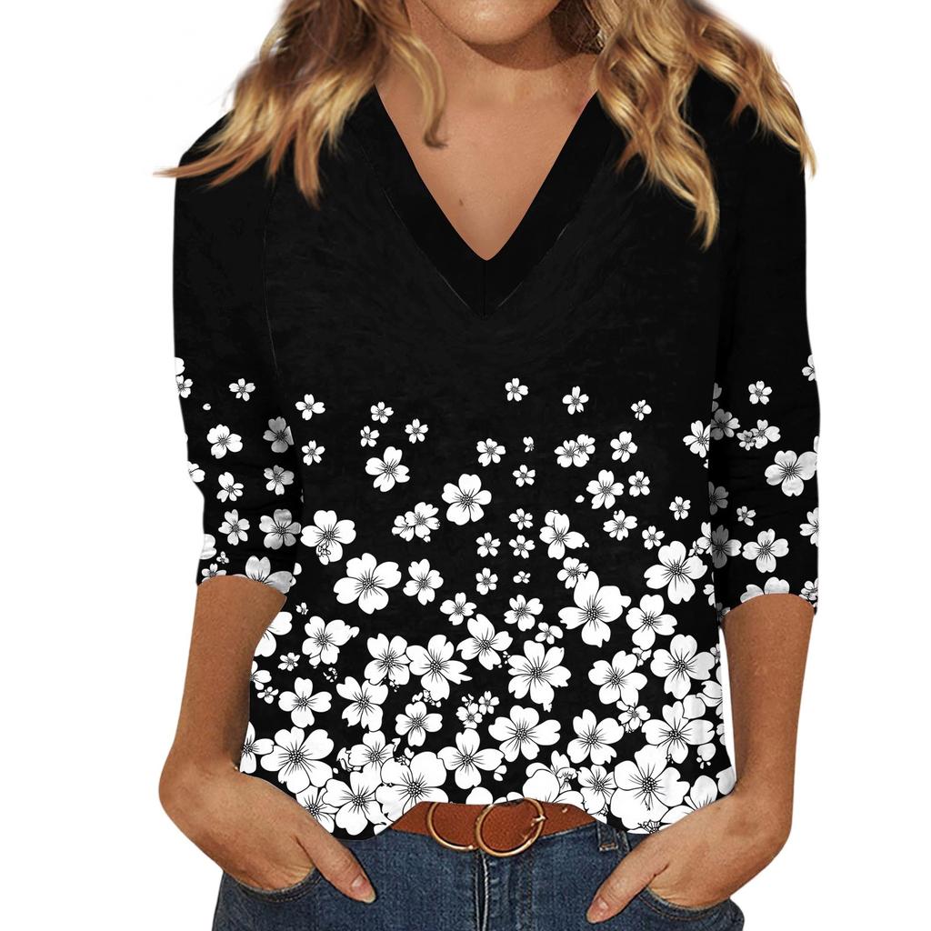 Women'S Casual And Fashionable Flower Printing V-Neck Top With Seven Quarter Sleeves Women'S Summer Clothes Top Mujer