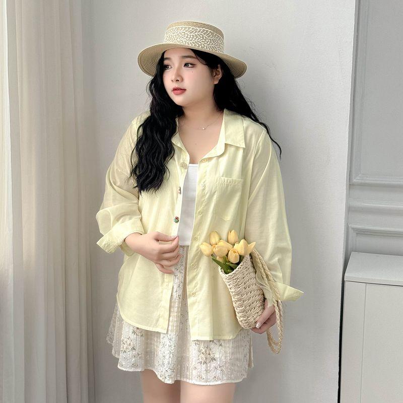 

Plus size women clothing [Summer Atmosphere] Simple Casual Temperament 100.00kg Loose Color Buckle Sunscreen Thin Shirts Light yellow 6XL