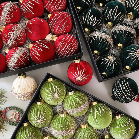 12 Pcs Velvet Glitter Christmas Ball Ornaments 3.15" Shatterproof Flocked Sequin Balls Christmas Tree Ornaments for Indoor Outdoor Holiday Party Decor