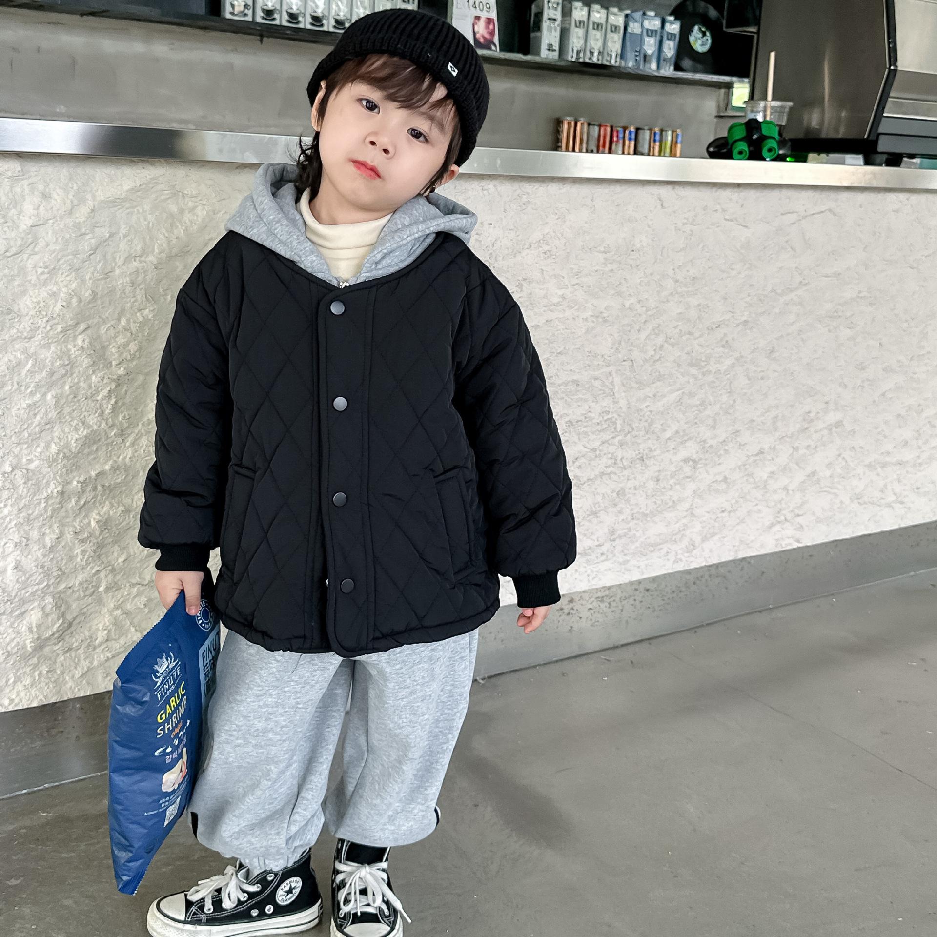 Children s Plaid Hooded Cotton Jacket with Fleece - Faux Two-Piece Winter Outerwear 90cm чёрный