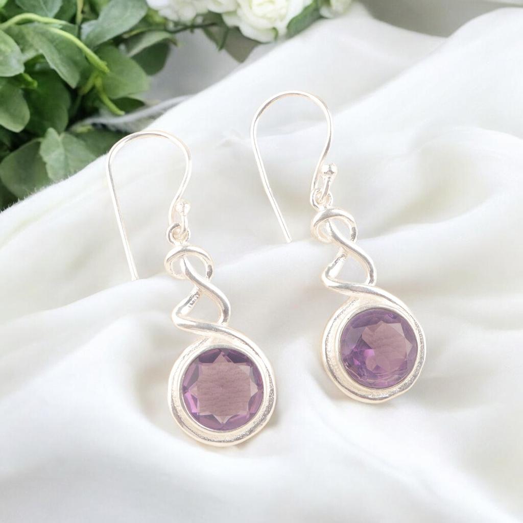 925 Sterling Silver Handmade Natural Amethyst Gemstone Earrings 1.67" For Women CE-14-3