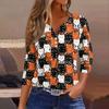 Lady's fashionable casual V-neck buttoned Halloween print three-quarter sleeve