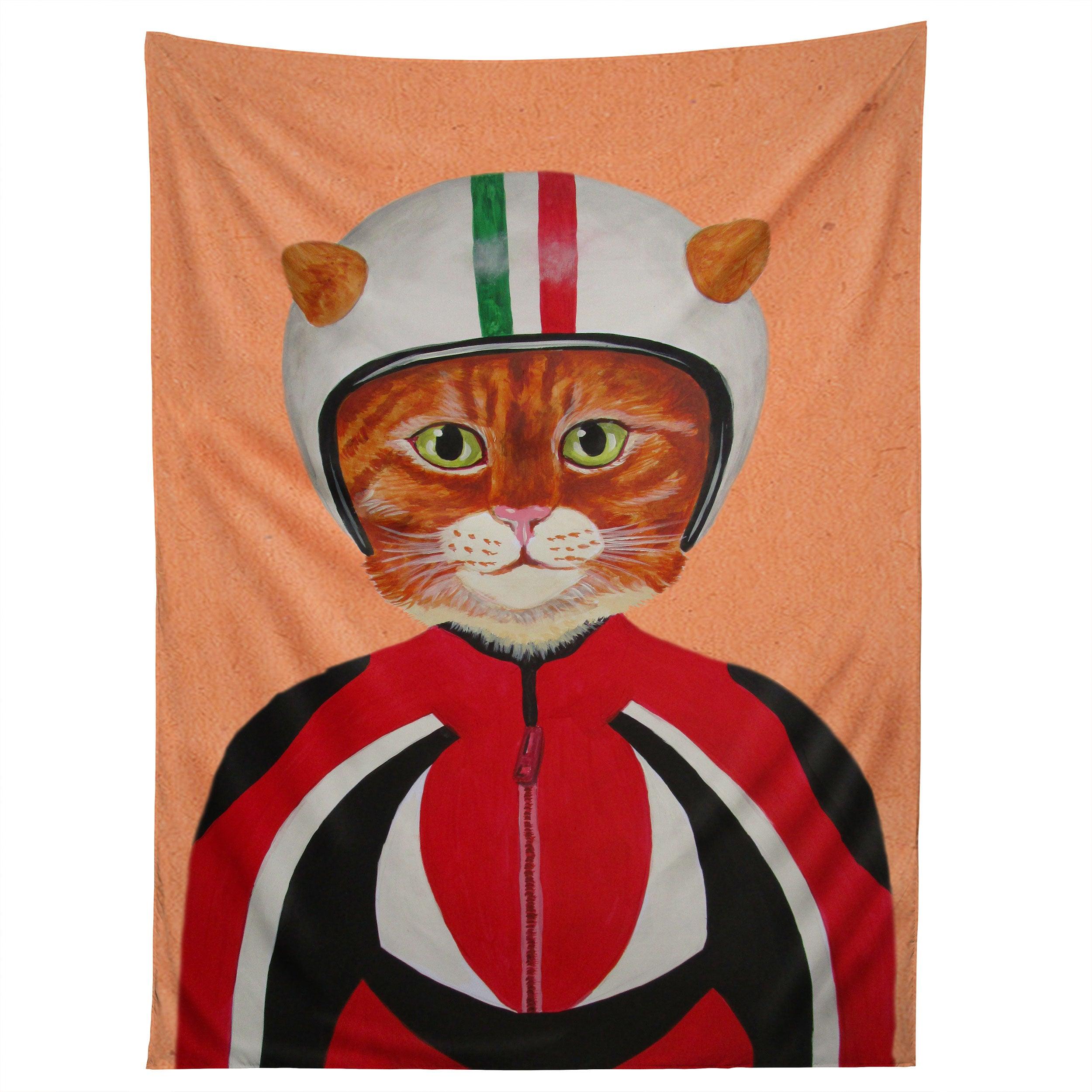 CAT WITH HELMET tapestry 75x100