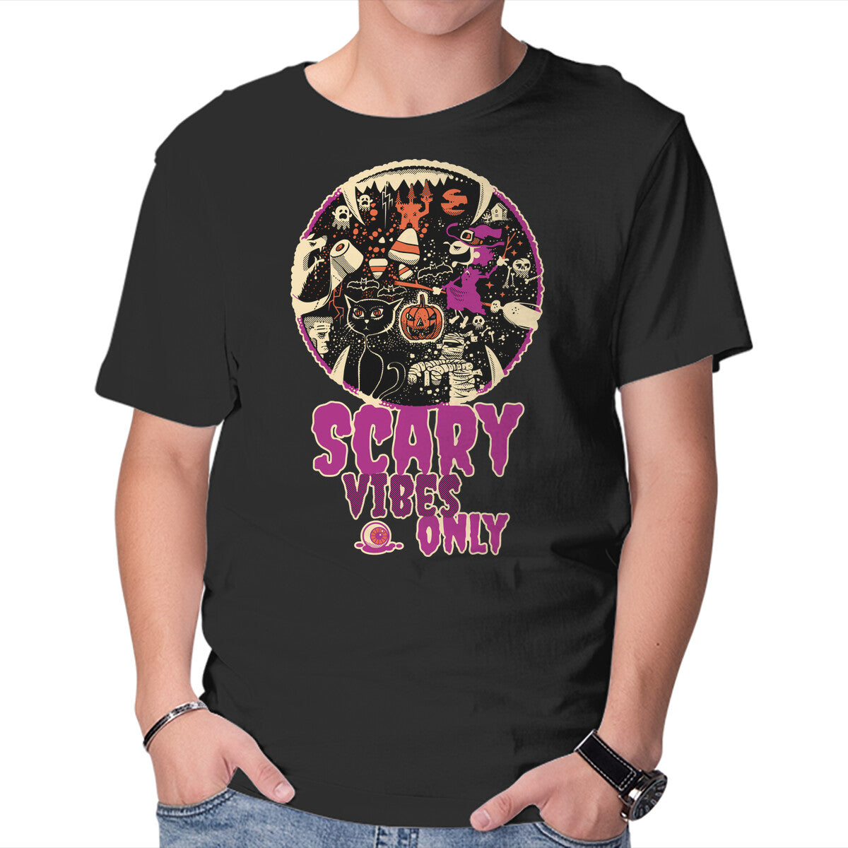 Unisex Crew Neck T-Shirt Scary Vibes Only Please Graphic Short Sleeve Casual Tee L