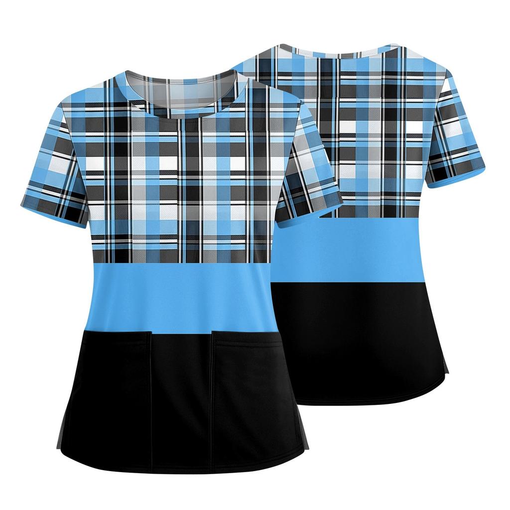 Women's Fashionable Printed Round Neck Pocket Short Sleeved Shirt With Slit Hem Uniform And Worker's Top