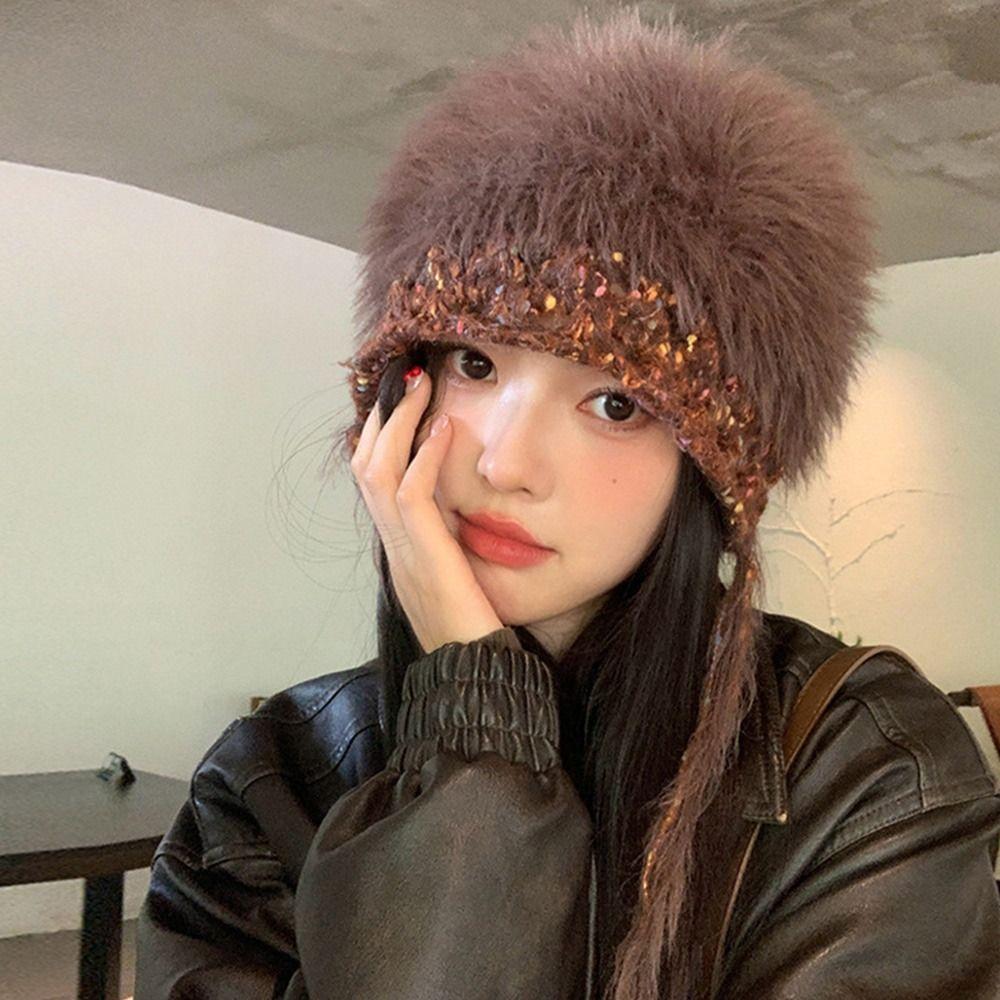Mixed-color Straps Handmade Knitted Cap Ear Protection Winter Warm Cap  Women Girls Maiden