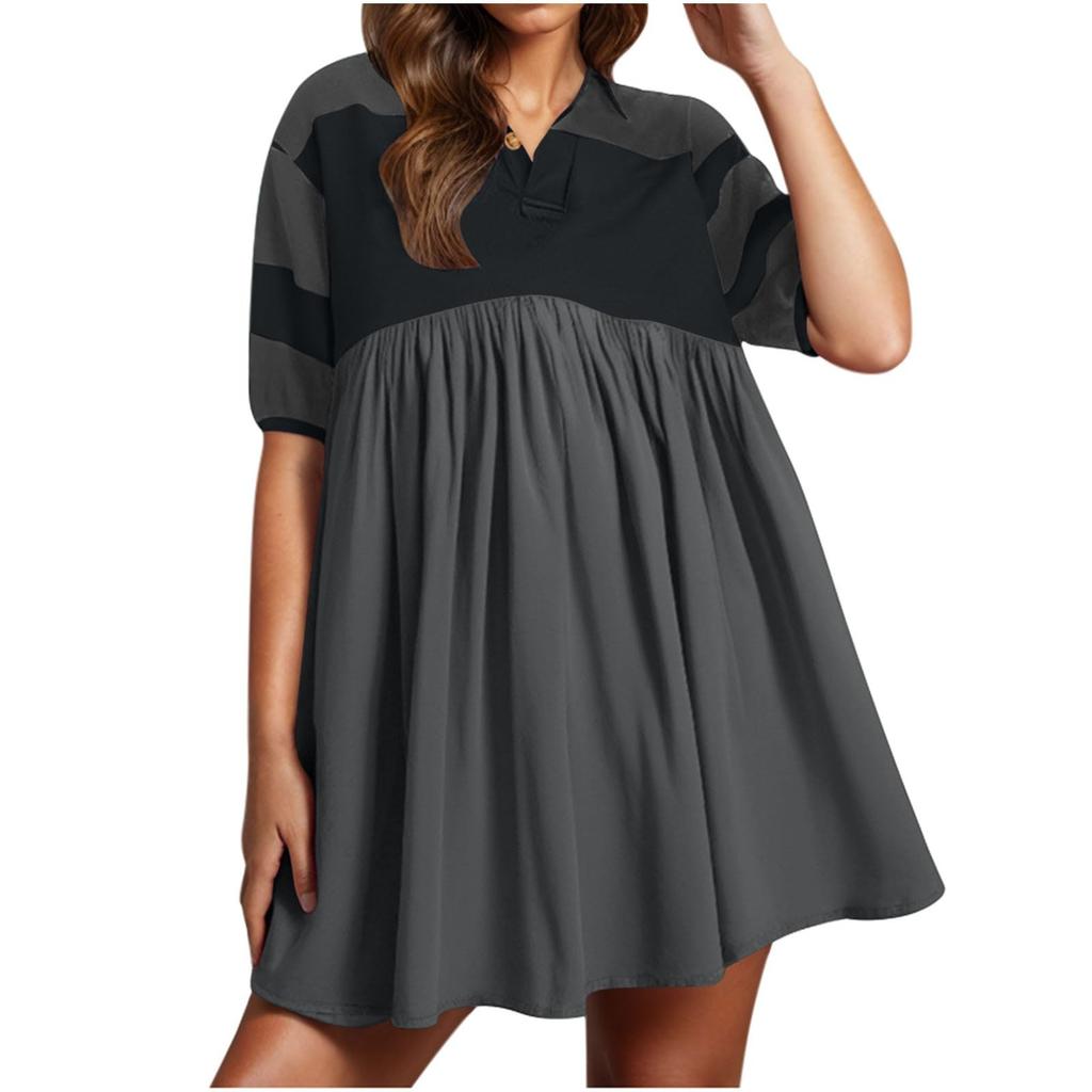 Women Babydoll Dress Striped Colorblock Pleated Oversized Short Sleeve Collar T-Shirt Dress