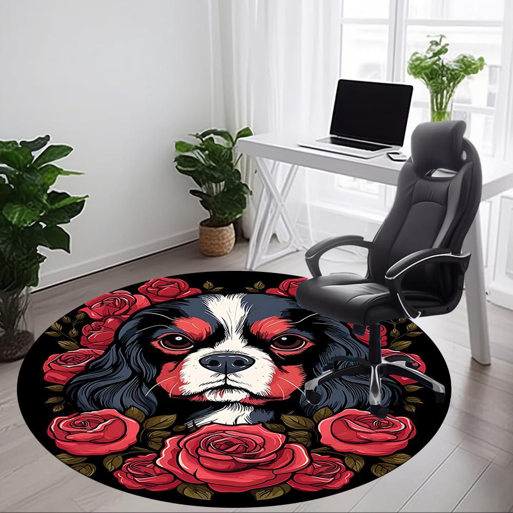 1pc Dog Rose Pattern Chair Carpet for Office, Round Non Slip Durable Large Size Office Carpet, Suitable for Office