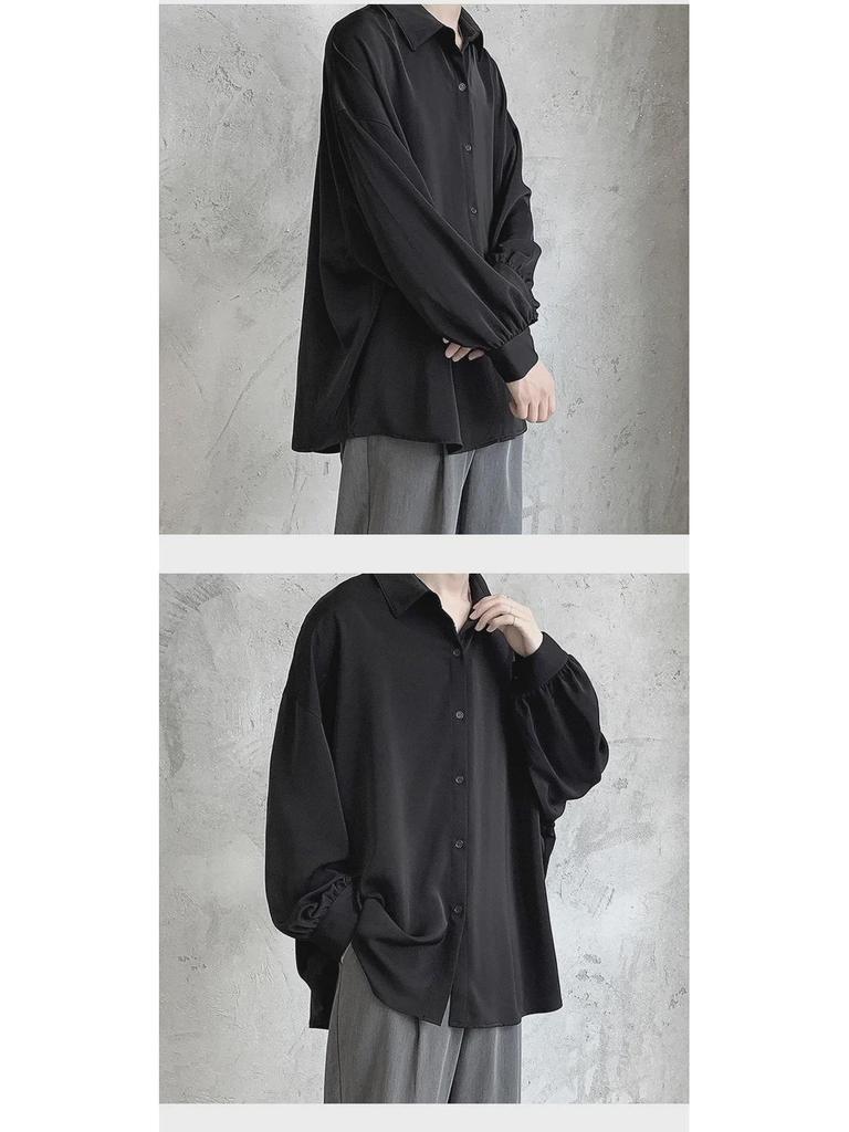 Men's Loose Fit Korean Style Pleated Cuff Shirt with Long Sleeves - Spring/Autumn Fashion.