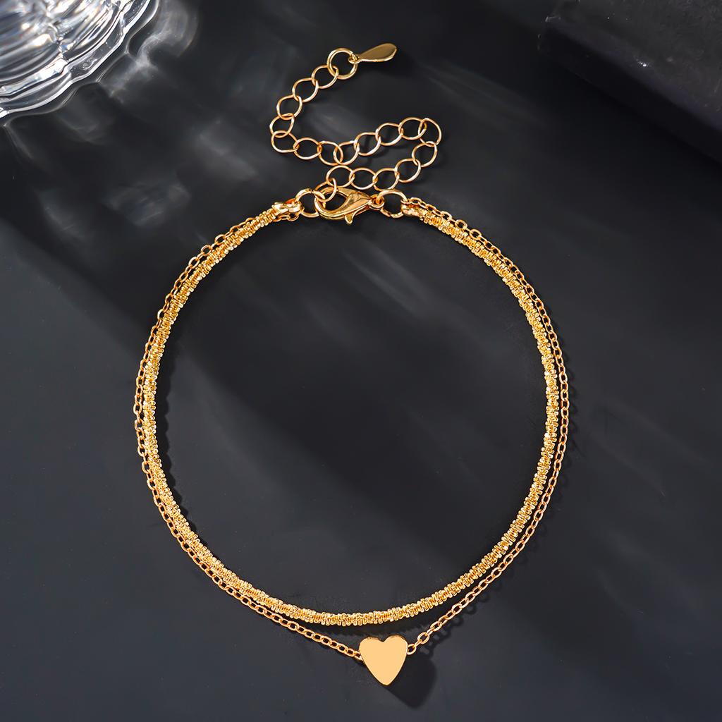 Elegant Sparkling Double Layer Heart Pendant Anklet for Women Bohemian Style Sexy Chain Summer Hoilday Jewelry Gifts