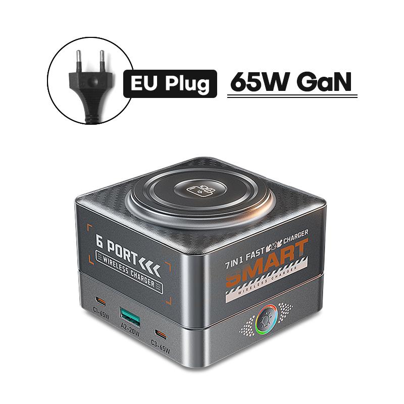 QOOVI 7 in 1 GaN 65W USB Type C Charger Station Fast Charging PD3.0 PPS Wireless Charge For iPhone iWatch Laptop iPad Samsung
