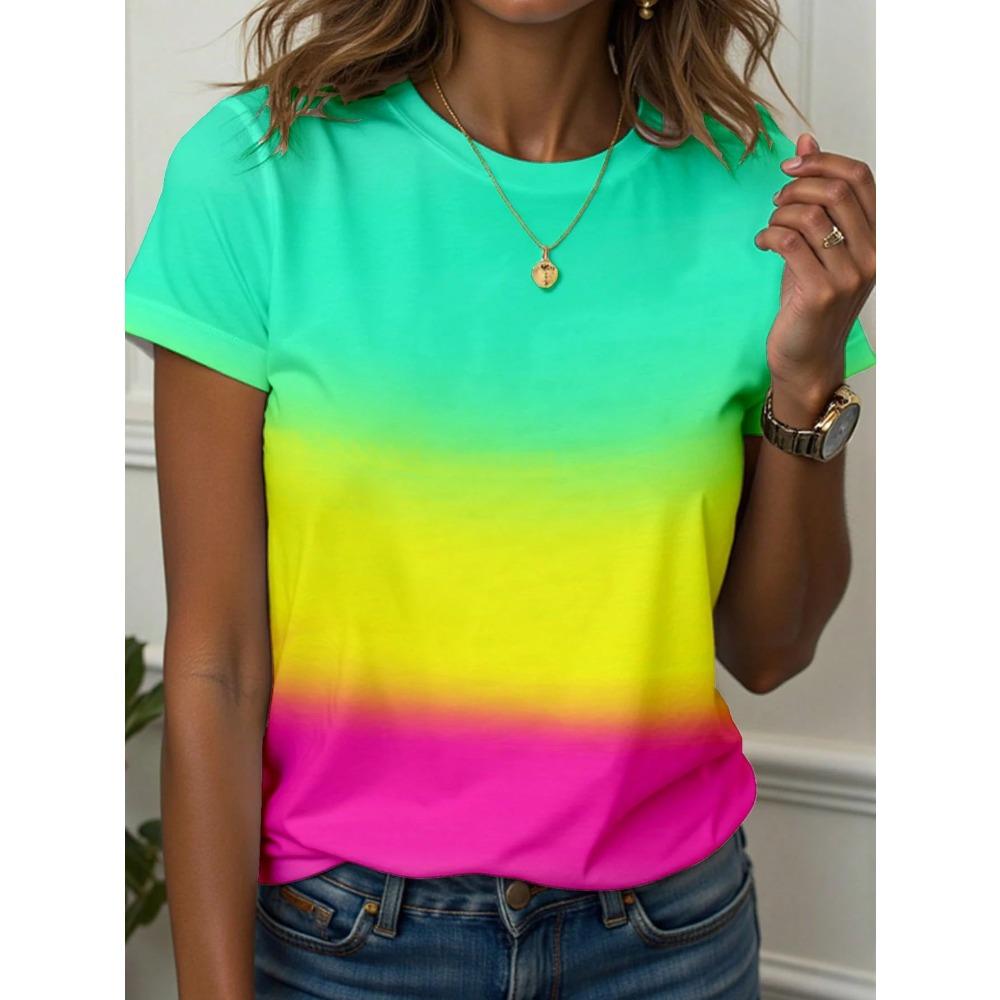 Abstract Face Gradient Color Print T-Shirts Women's Casual Short Sleeve O-Neck Tees Harajuku Y2K Tops Female Clothing