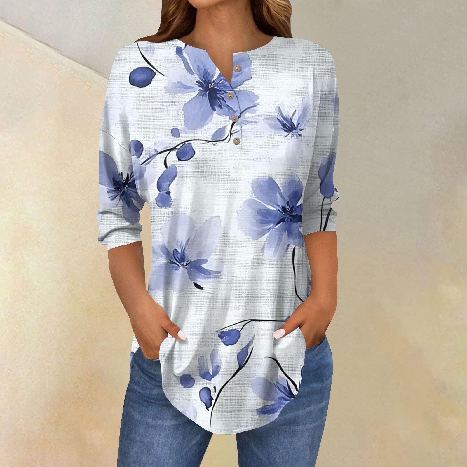

Женская свободная футболка с воротником на пуговицах и винтажным цветочным принтом, рукав три четверти XXXL