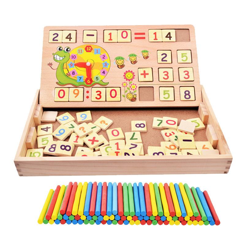Multi-functional Arithmetic Learning Box Wooden Clock Counting Stick Puzzles Drawing Board Educational Math Toys for Children