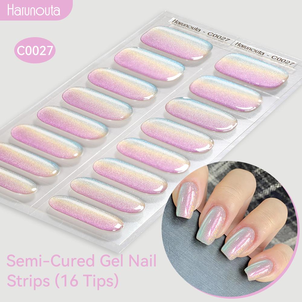 

16/20Tips Semi-Cured Nail Wraps Solid Color Adhesive Waterproof Long Lasting Gel Nails Stickers Set for UV Lamp Need Manicure C027