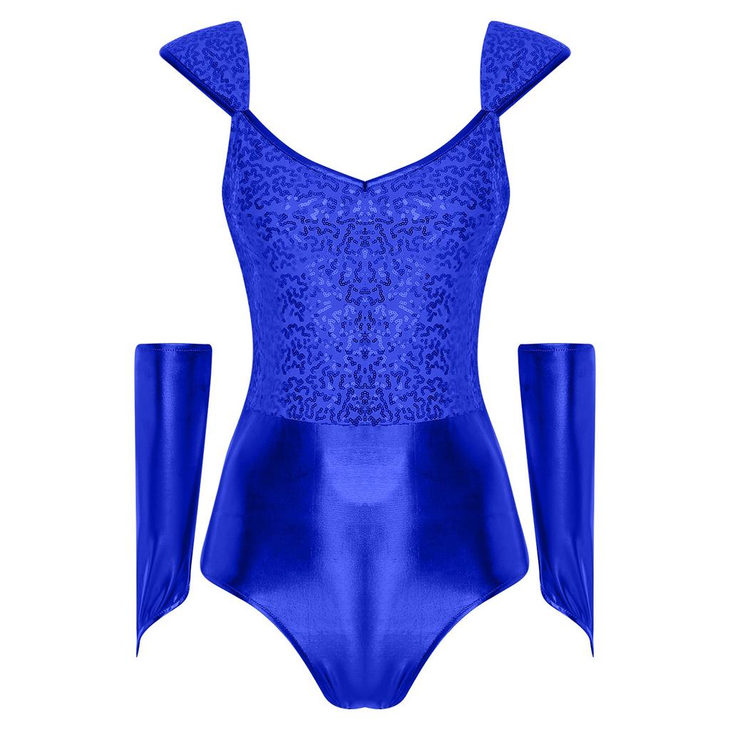 Womens Glitter Bodysuit Sequin Metallic Shiny Removable Sleeves Patchwork Slim Fit Leotard Clubwear Halloween Costume