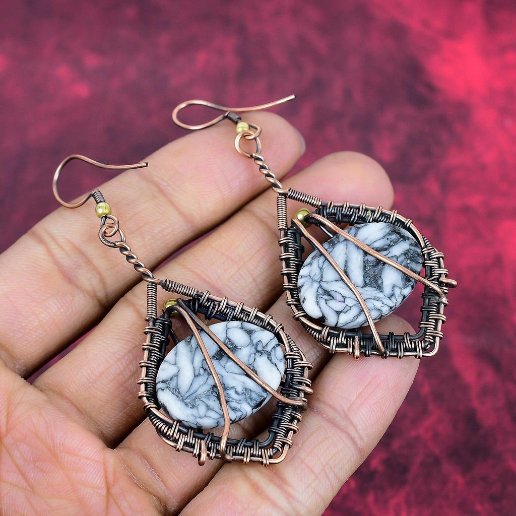 Pinolith Jasper Earring Copper Wire Wrapped Gemstone Jewelry Copper Handmade Earring Designer Jewelry Gifts for Mom Wire Wrap Dangle Earring