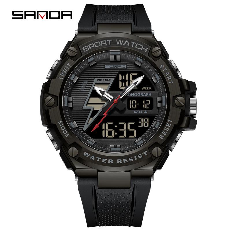 Sanda Men's Multifunctional Shockproof Waterproof Sport Watch with Alarm Clock and Black Technology.