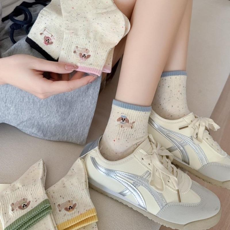 Female Spring and Summer New Style Casual Yarn Color Collision Lovely Dachshund Embroidery Boneless Tube Socks