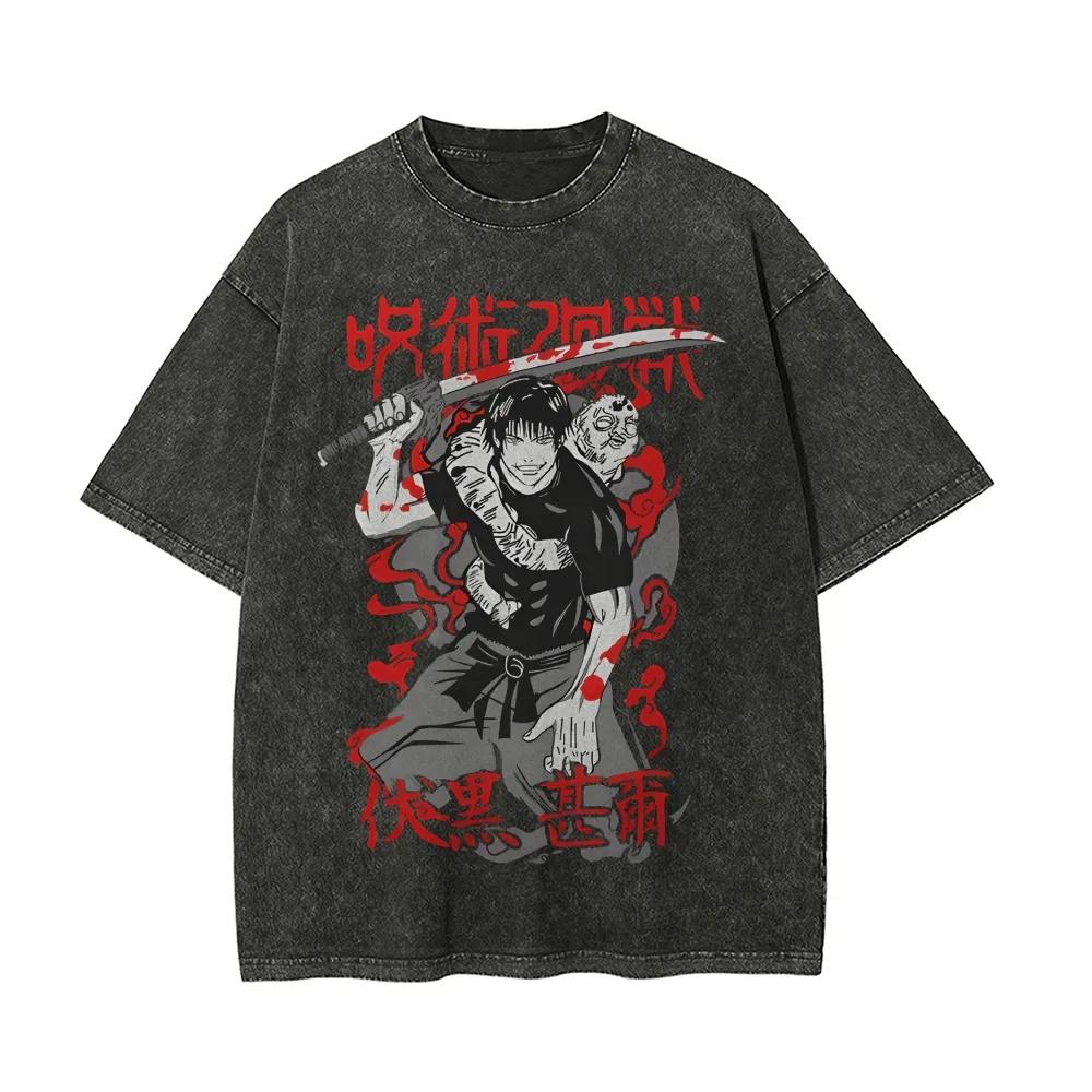 Toji Fushiguro T Shirt Jujutsu Kaisen Men Acid Wash Sorcerer Killer Anime Streetwear Heavenly Restriction Red Tee M