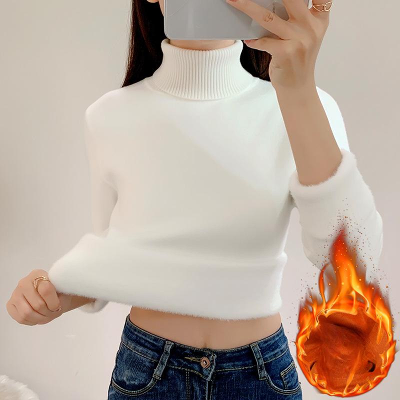 Zimowy sweter z golfem damski sweter z dzianiny Slim Tops elegancki gruby aksamitny podszewka ciepły sweter dżersejowy sweter dzianinowy