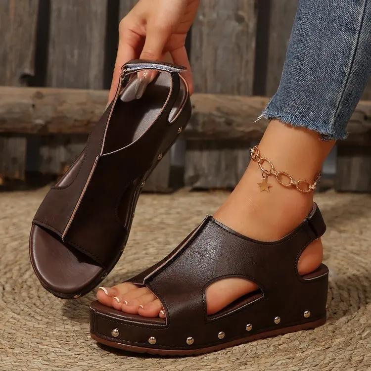 2025 New Women's Slope Heel Sandals Women's Summer New Rivet Fashion Casual Thick Bottom Sandals, Slippers