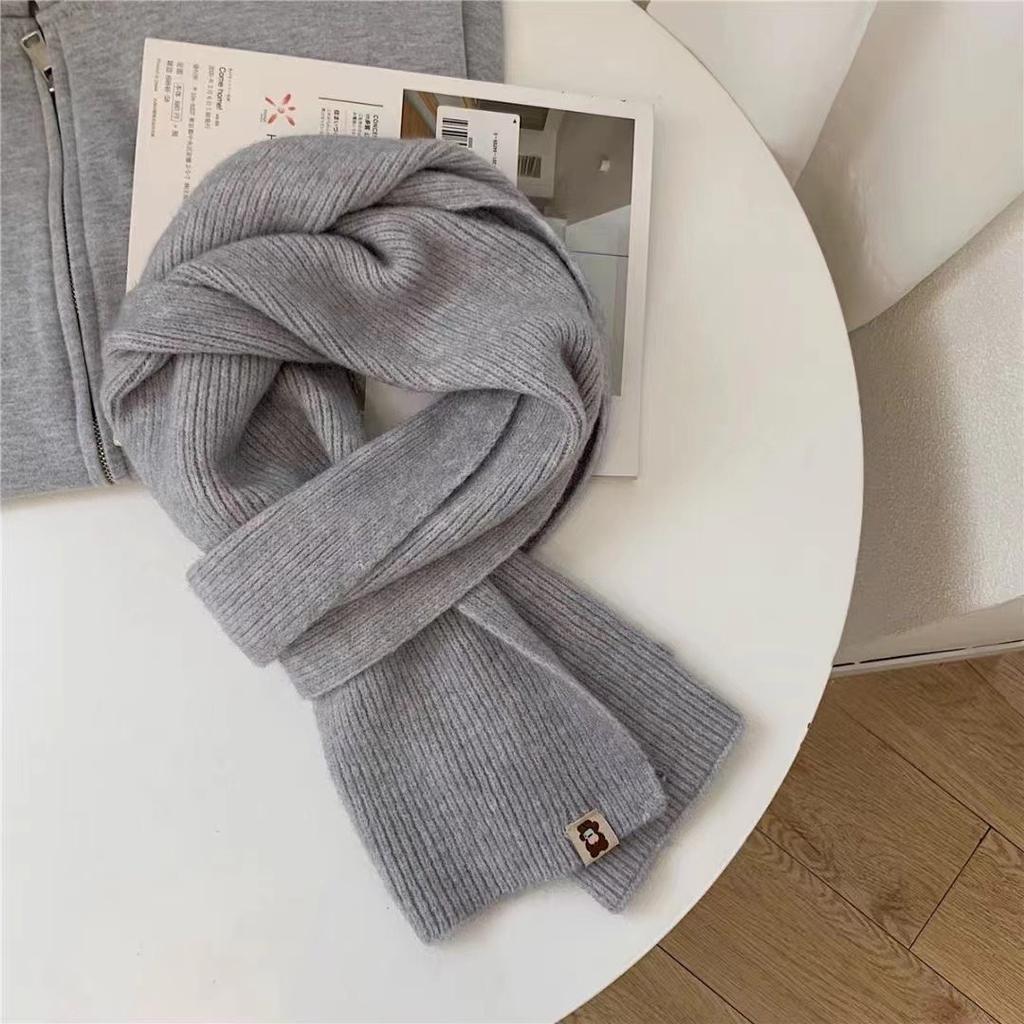 Korean Version Solid Color Versatile Bear Logo Scarf for Women Autumn and Winter Warm Knitted Cute Couple Student Scarf