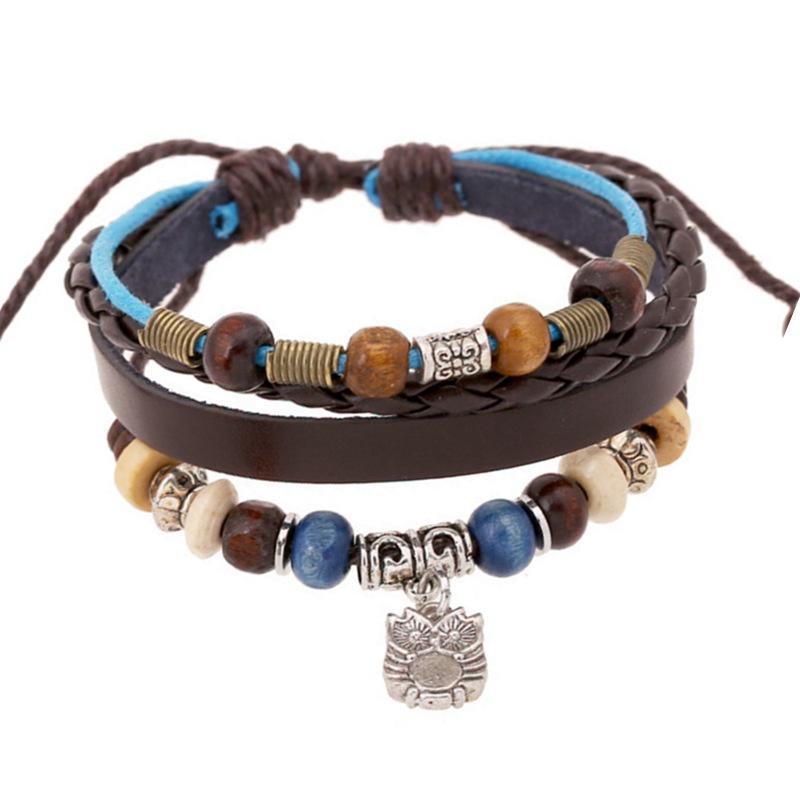 Factory Outlet Vintage Handmade Beaded Stainless Steel Charm Bracelet with Adjustable Personalized Owl Pendant