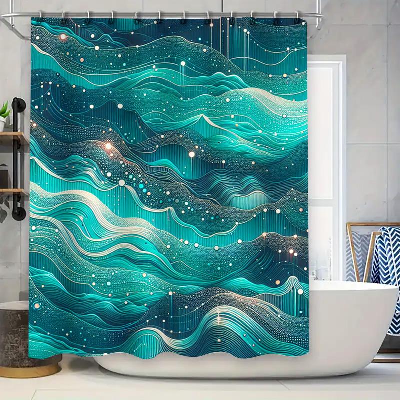Luxury Blue Ombre Shower Curtain with Modern Waves Design for Bathroom Decor Waterproof Fabric Bath Mat Set In Various Sizes (18