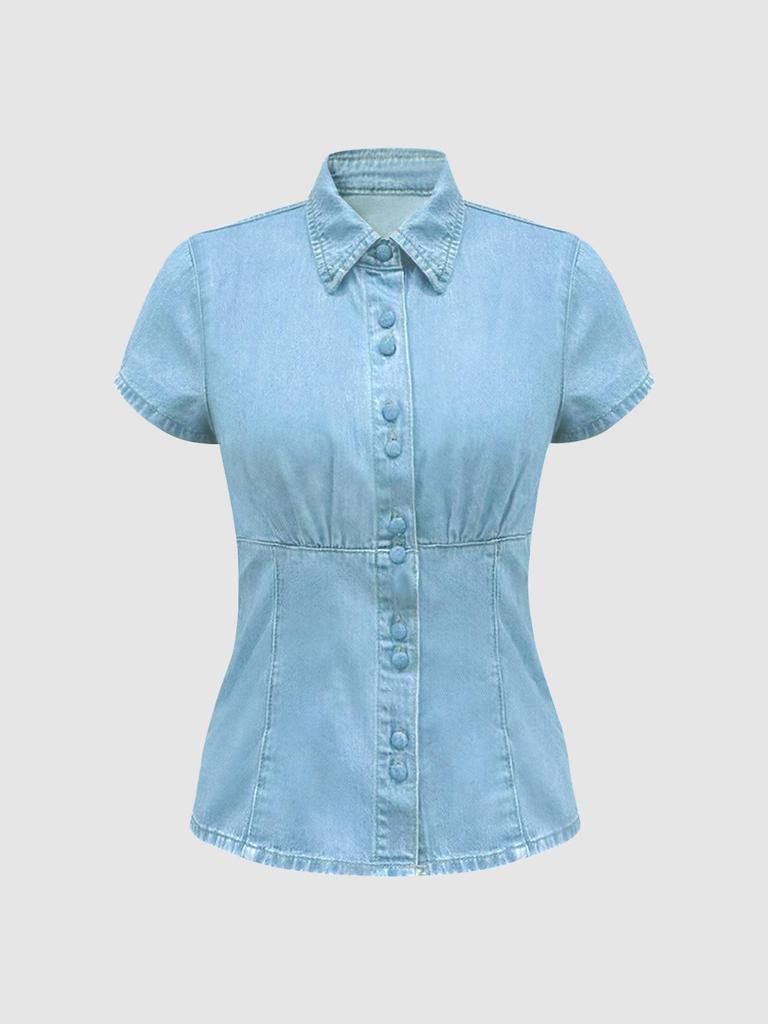 Women's Slim Fit Short-Sleeved Denim Shirt - Elegant, Versatile, and Stylish
