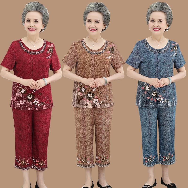 Large Size Women 2 Piece Set Loose Print Short-sleeved T-shirt Tops + Pants Suits Middle-aged Mother Summer