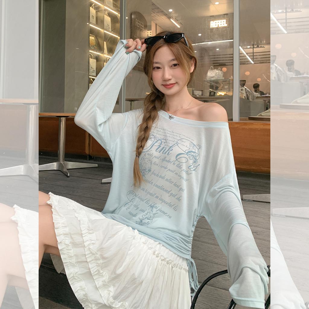 Blue Round Neck Cool Thin Slightly Transparent Blouse Women's Summer Loose Pleated Design Large Version Lazy