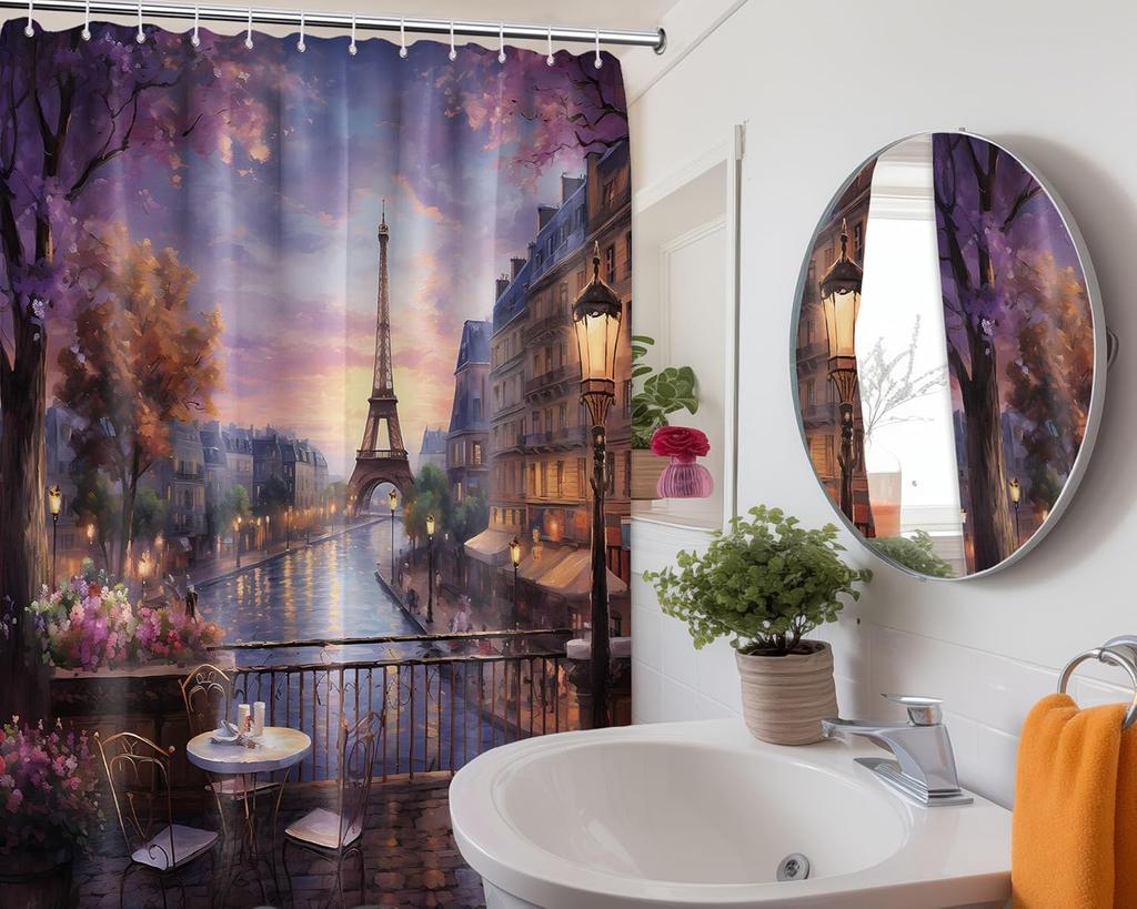 Vintage Paris Shower Curtain Eiffel Tower French Cityscape Shower Curtains for Bathroom Decor Set, Waterproof Fabric with Hooks