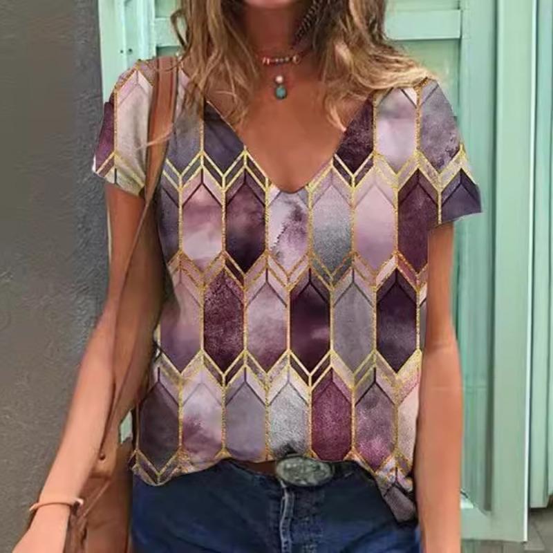 Loose Women's V-Neck Short Sleeve Graffiti Printed Casual Top T-Shirts Women’s