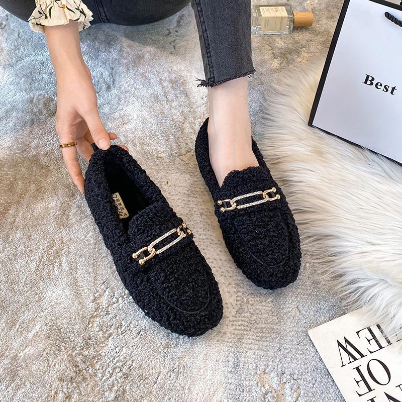 Fashion Crystal Metal Chains lambwool moccasins winter shoes woman warm curly fur flats female furry cotton snow boots shoes big size 43