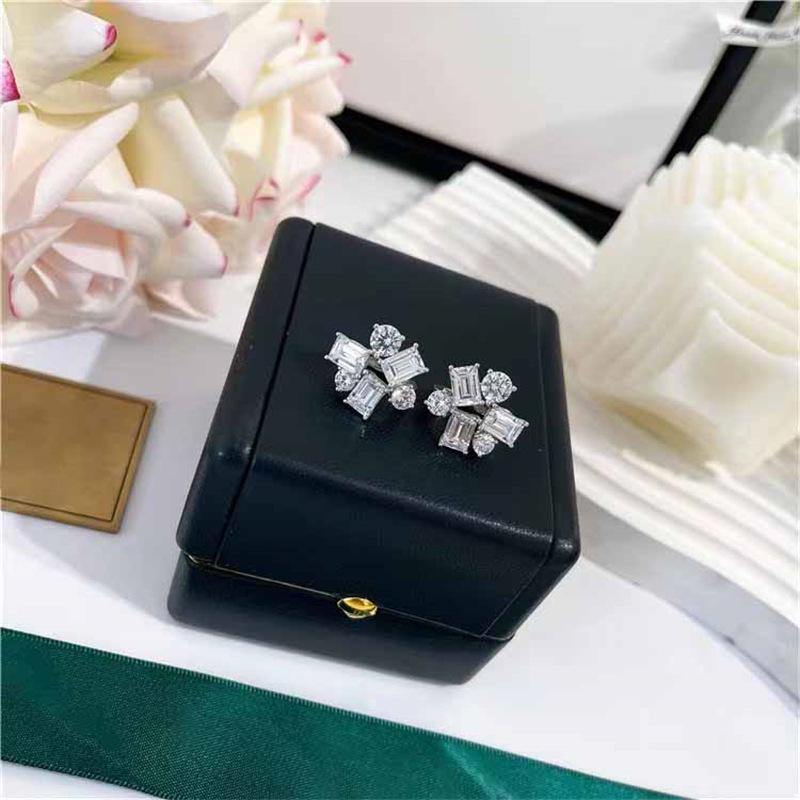 High-End Zirconia Stud Earrings: Square, Round, and Flower Micro-Set with Patchwork Cutting Process