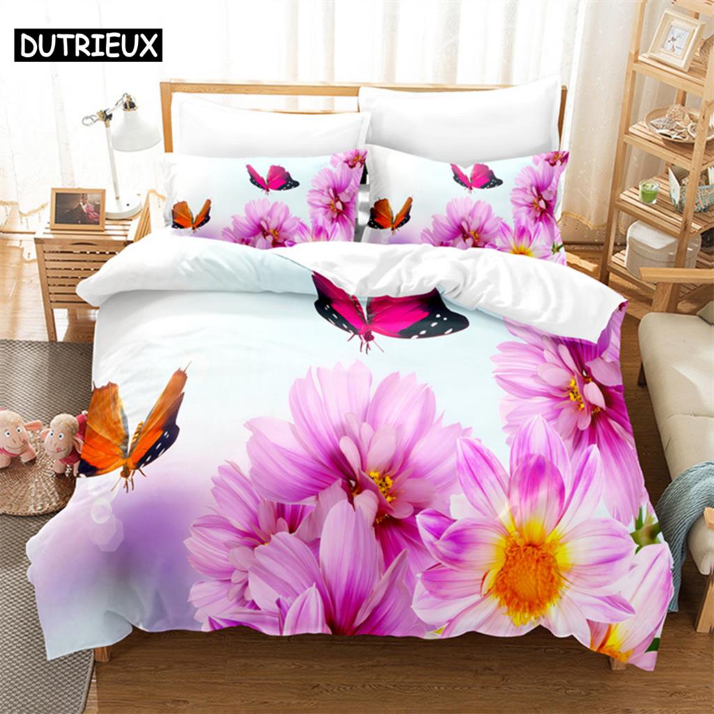 Kwiaty Motyle Zestaw Pościeli na Łóżko Królewskie Poszewka na Kołdrę Pokrowiec na Kołdrę do Pokoju Dziecięcego Zestaw Pościeli Poszewka na Kołdrę Rozmiar Królewski Zestawy Pościeli