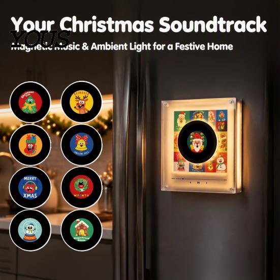 Scatola Musicale Magnetica Personalizzata Giradischi in Vinile Magnete per Frigorifero, con 9 Dischi Programmabili, Memoria da 128MB, Senza Musica, Set Magneti Luce Notturna LED, NFC per