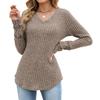 Solid Color V Neck Lace Patchwork Loose Long Sleeve Brushed T Shirt