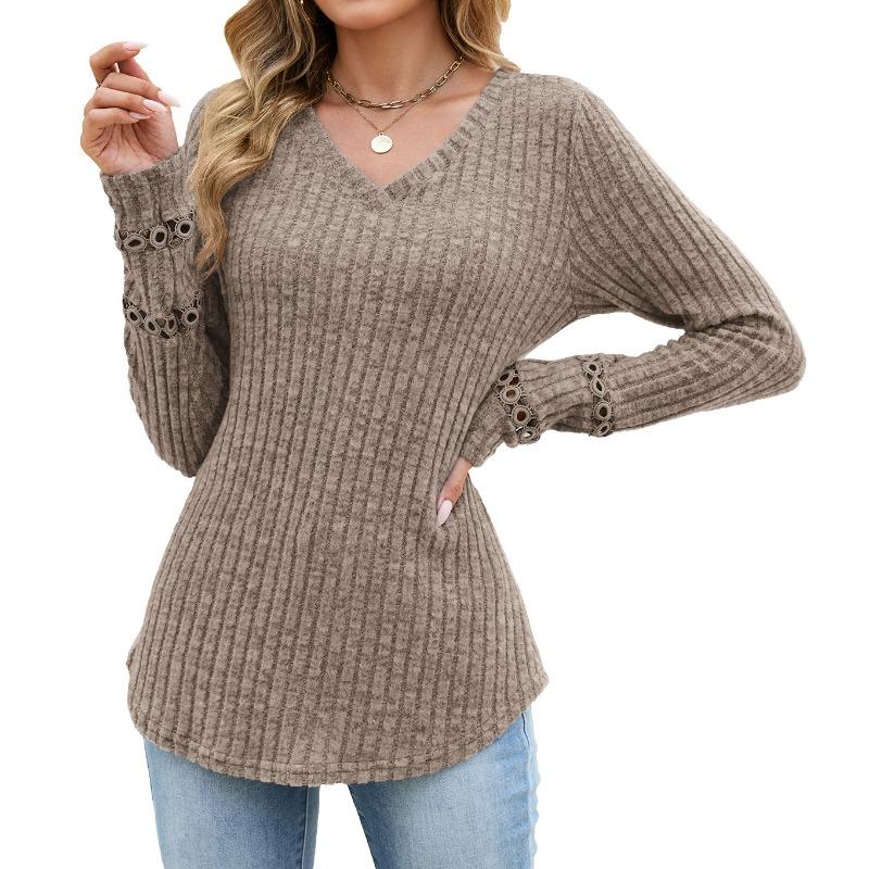 Solid Color V Neck Lace Patchwork Loose Long Sleeve Brushed T Shirt