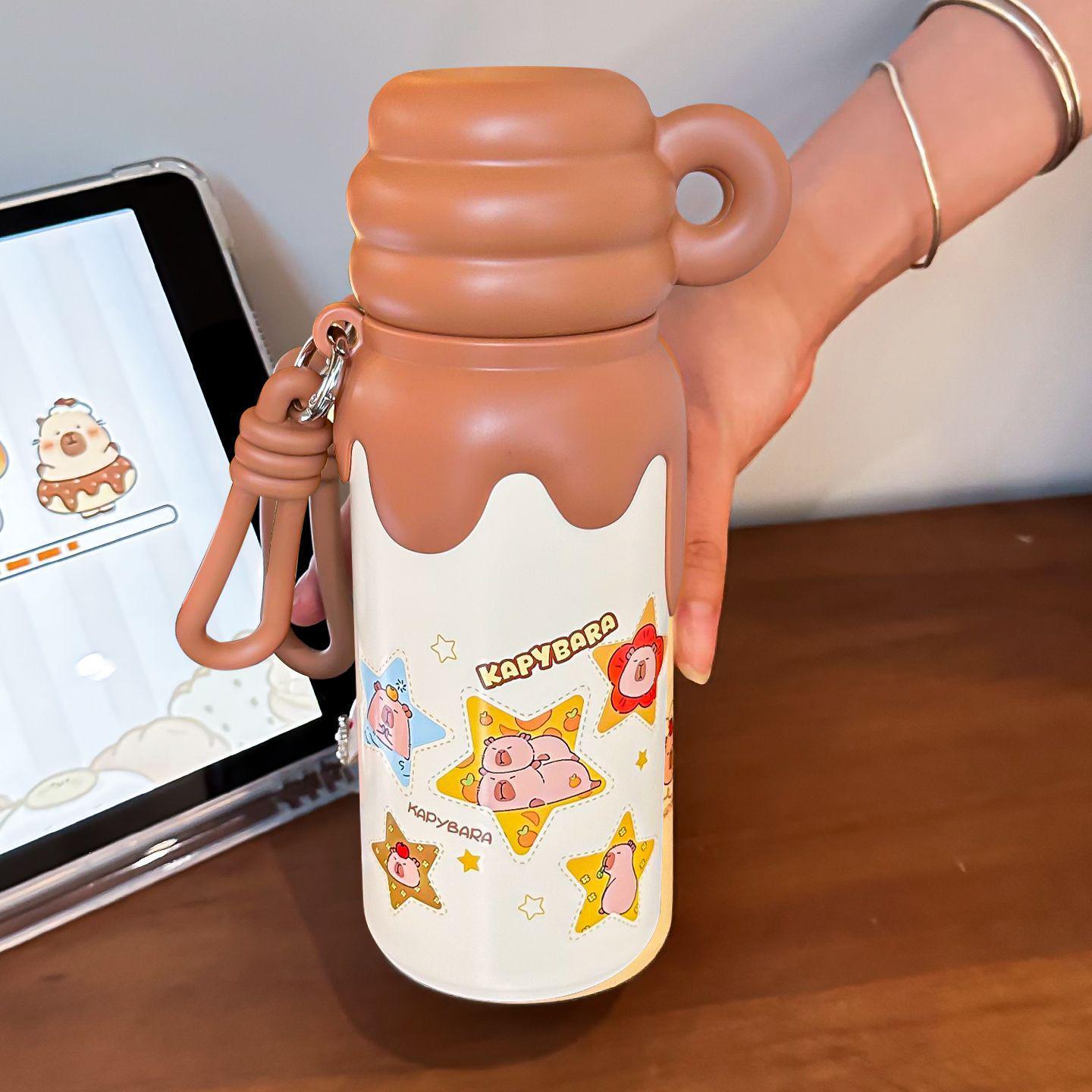 Капибара Милая Термокружка с Соломкой из Нержавеющей Стали для Девочек - Детская Бутылка для Воды Большой Емкости 420ml