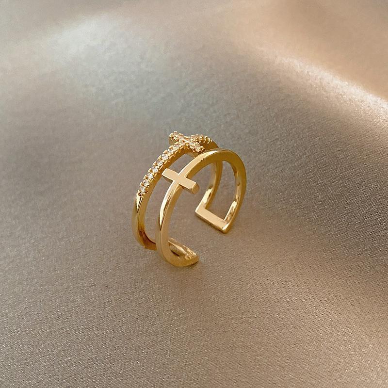 Double-Layer Cross Zircon Ring For Women Gold Silver Adjustable Finger Rings Bling Korean Elegant Jewelry Gift