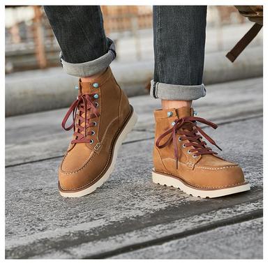 Men's Retro Mid-Cut Yellow Cowhide Leather Boots