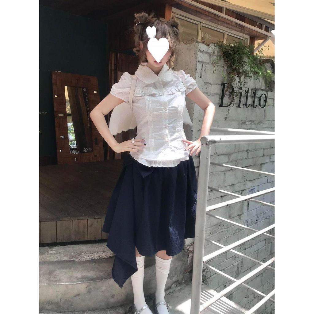 Midsummer Story Floral Doll Collar Two-Piece Set: Age-Reducing Short-Sleeved Shirt & Bowknot Skirt