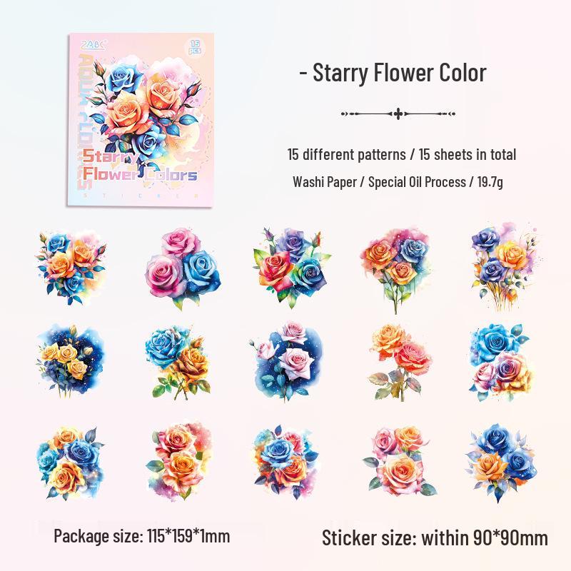 ZABC Watercolor Flower Rhyme Series Oil Stickers - 15 Sheets, 6 Styles, Large Size, Cross-Border.