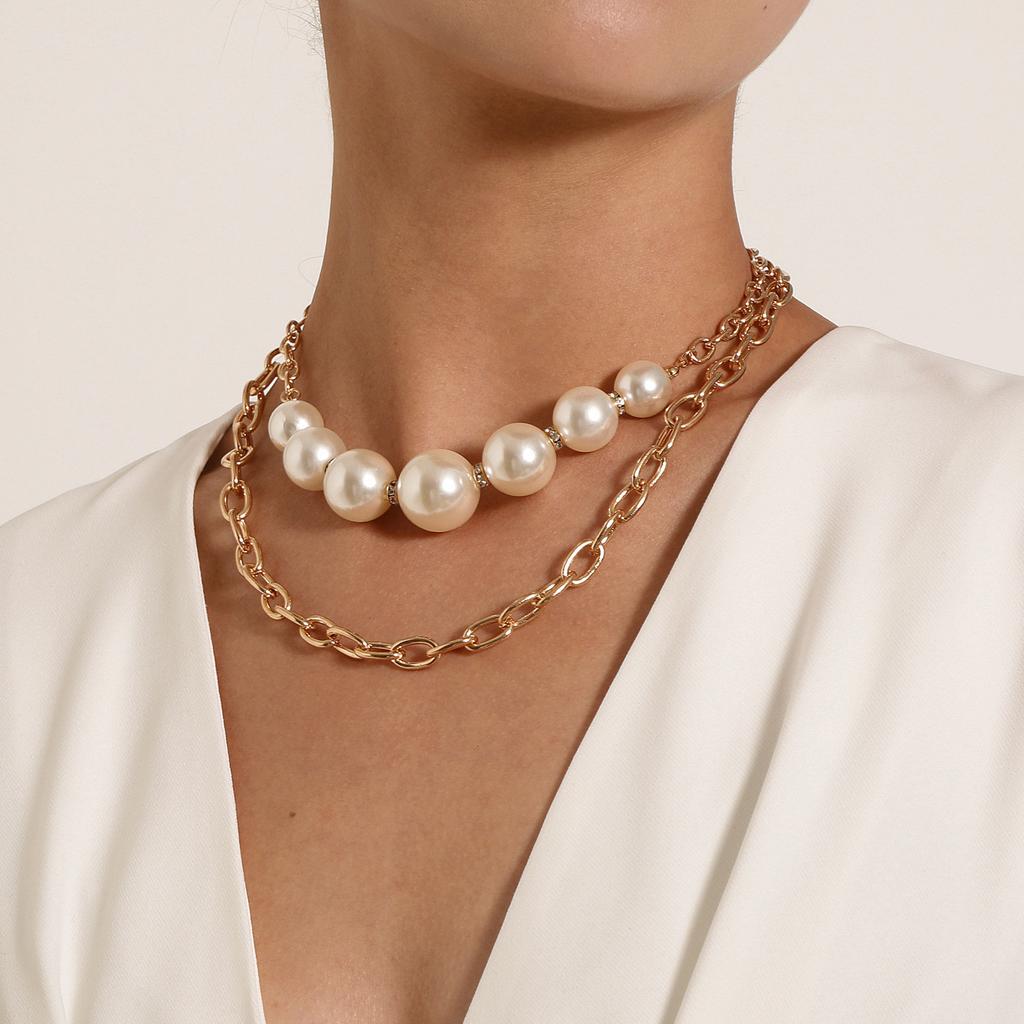 European and American Fashion, Simple Pearl Splicing Chain Necklace, Double-layer Women's Necklace Stacked with Wind Alloy Necklace