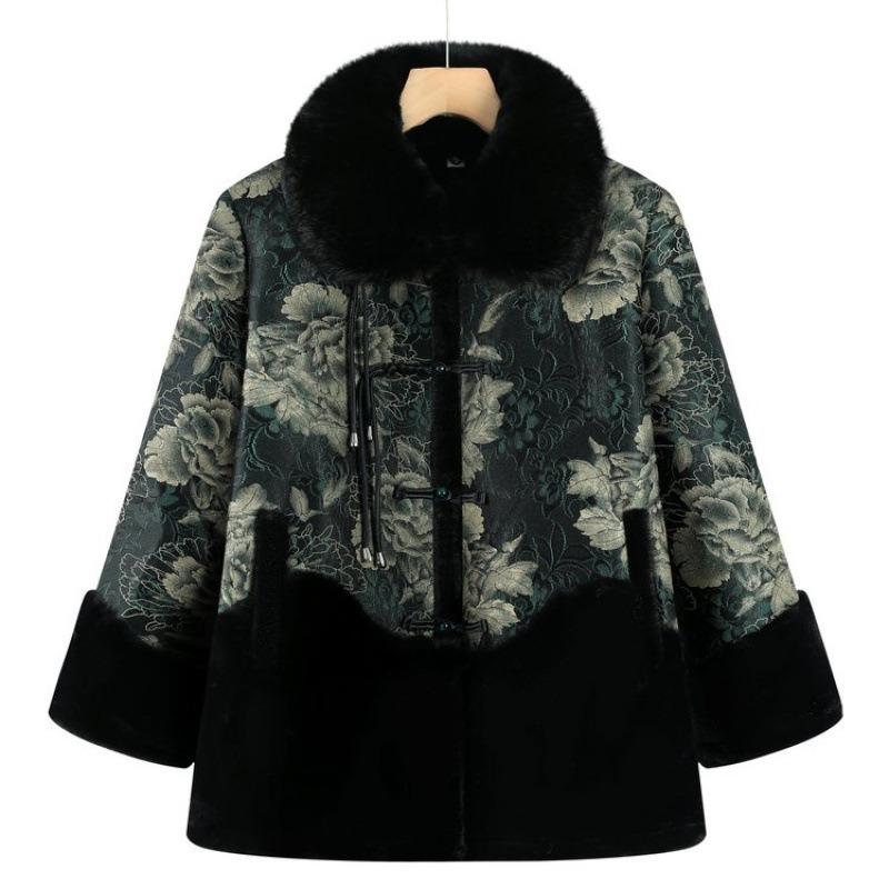 

Одежда для бабушки осень и зима одежда для пожилых женщин куртка флис утолщенный мама высококлассный мех интегрированный пожилая женщина топ 5XL [recommended 150-80kg] зелёный