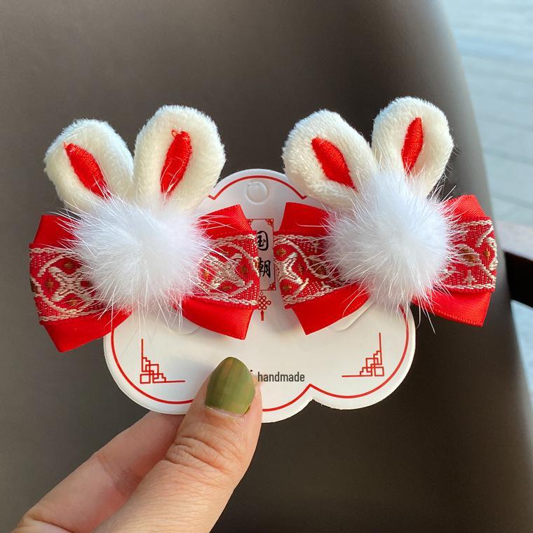 2023 Chinese New Year Embroidered Bow Hair Clip with Rabbit Ears - Red Side Clip for Little Girls
