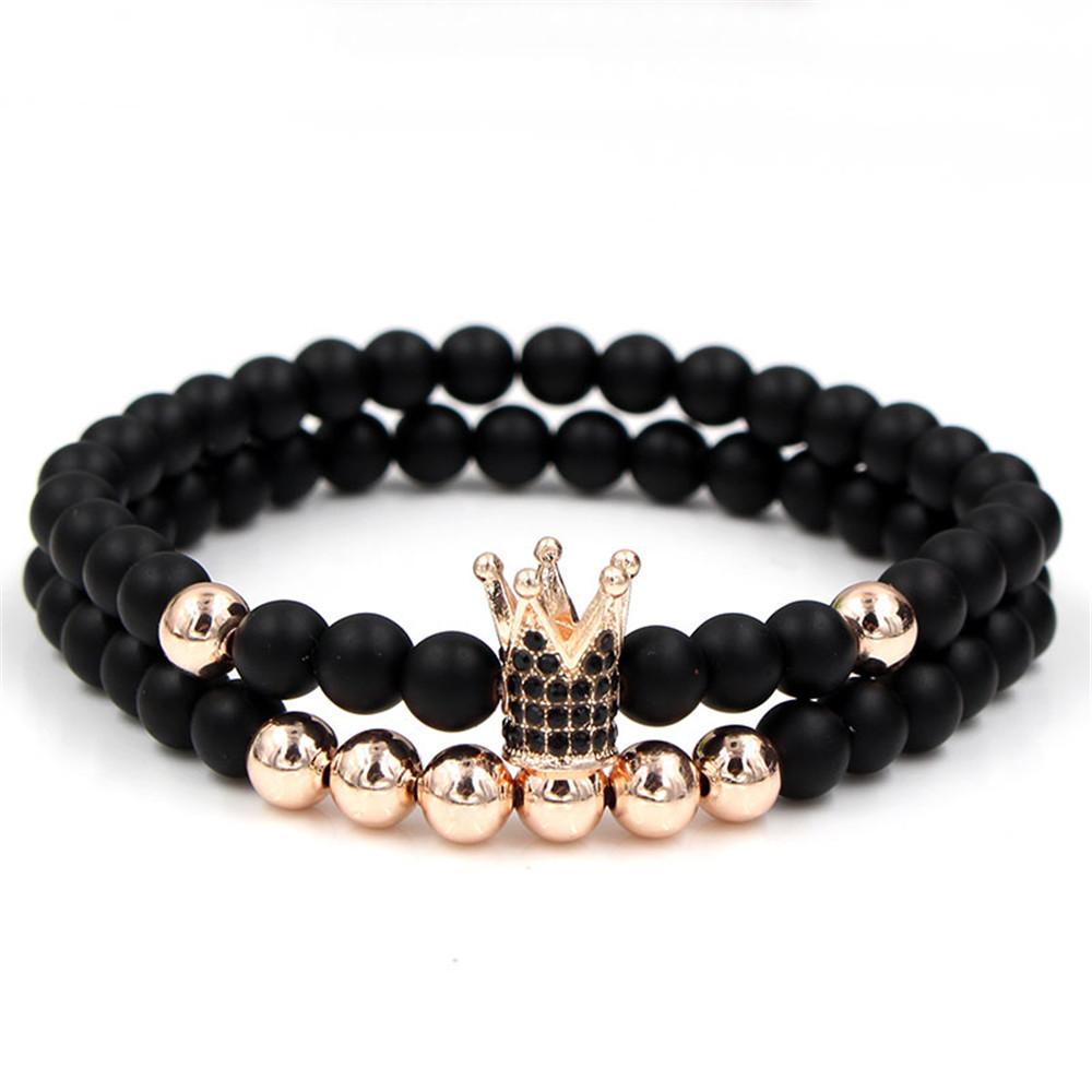 European and American Exaggerated 1mm Black Matte Copper Bead Bracelet, Micro-inlaid Zircon Crown Bracelet, Set.